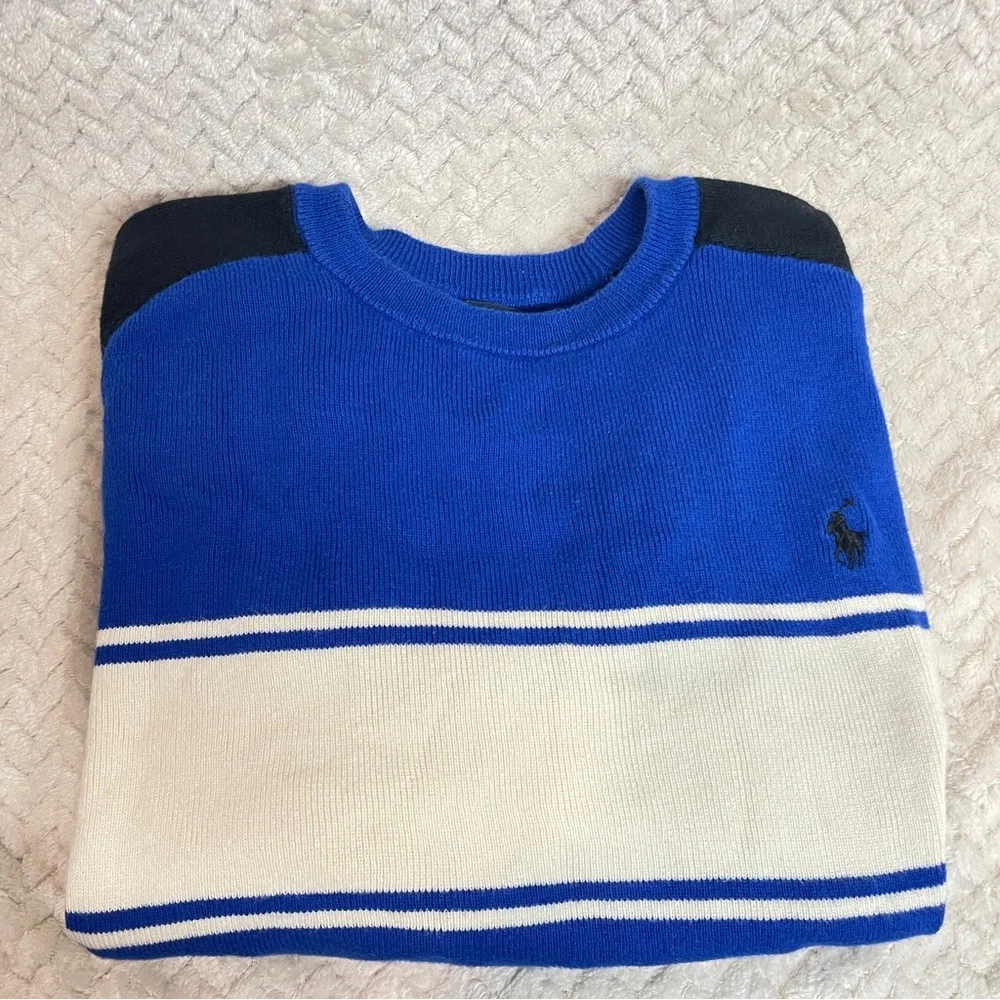 Polo Ralph Lauren Boys Classic Blue Striped Sweater Logo Size M 10-12 Preppy BTS